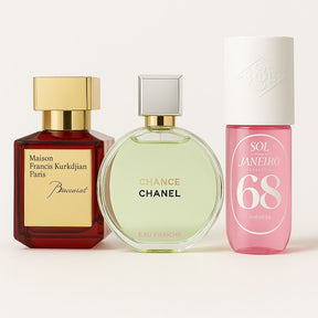 Sol de Janeiro Cheirosa 68 90ml, Chanel Chance Eua Fraîche 100ml, Maison Francis kurkdjian Baccarat rouge 540 200ml
